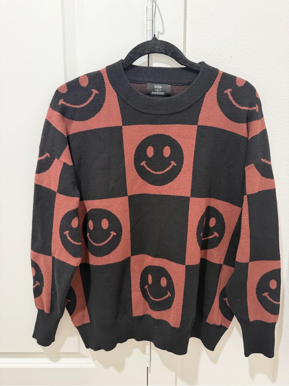 ☻✨Dressed In LALA Happy Face Pullover in Brown & Black Checkered Print ☻✨ - Picture 2 of 5